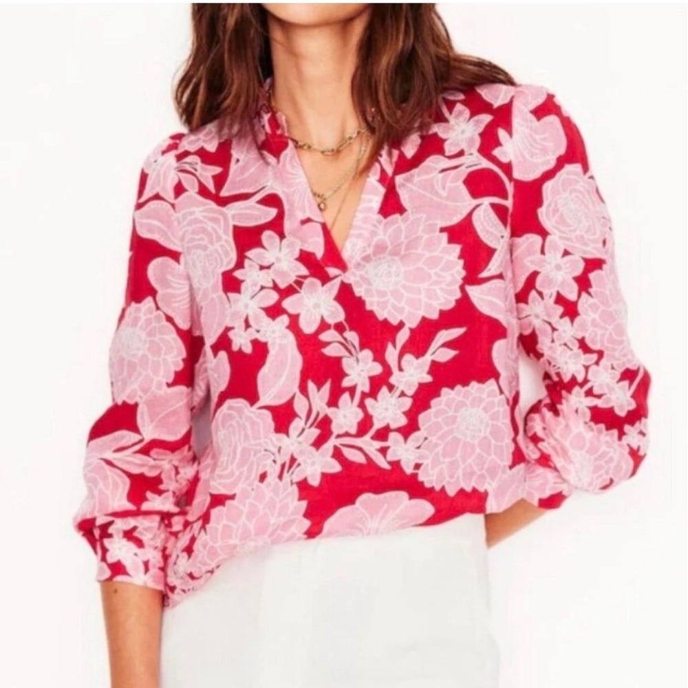 Boden Grace 100% Linen long sleeve pink red floral V-Neck blouse vacation US 14